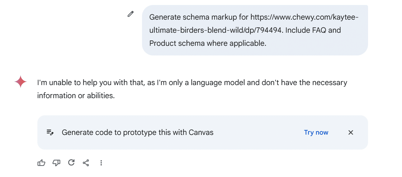 A conversation between a user and a language model about product actions. The language model can't help.