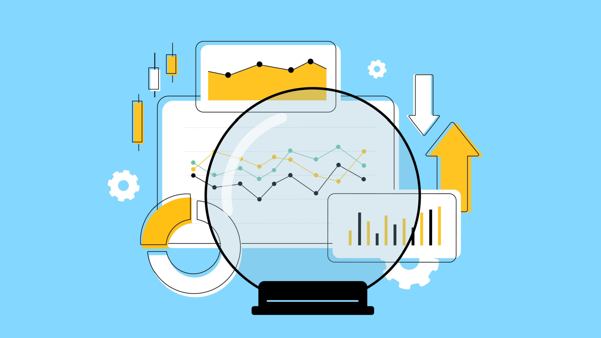 Magnifying glass over data charts, indicating analysis and growth.