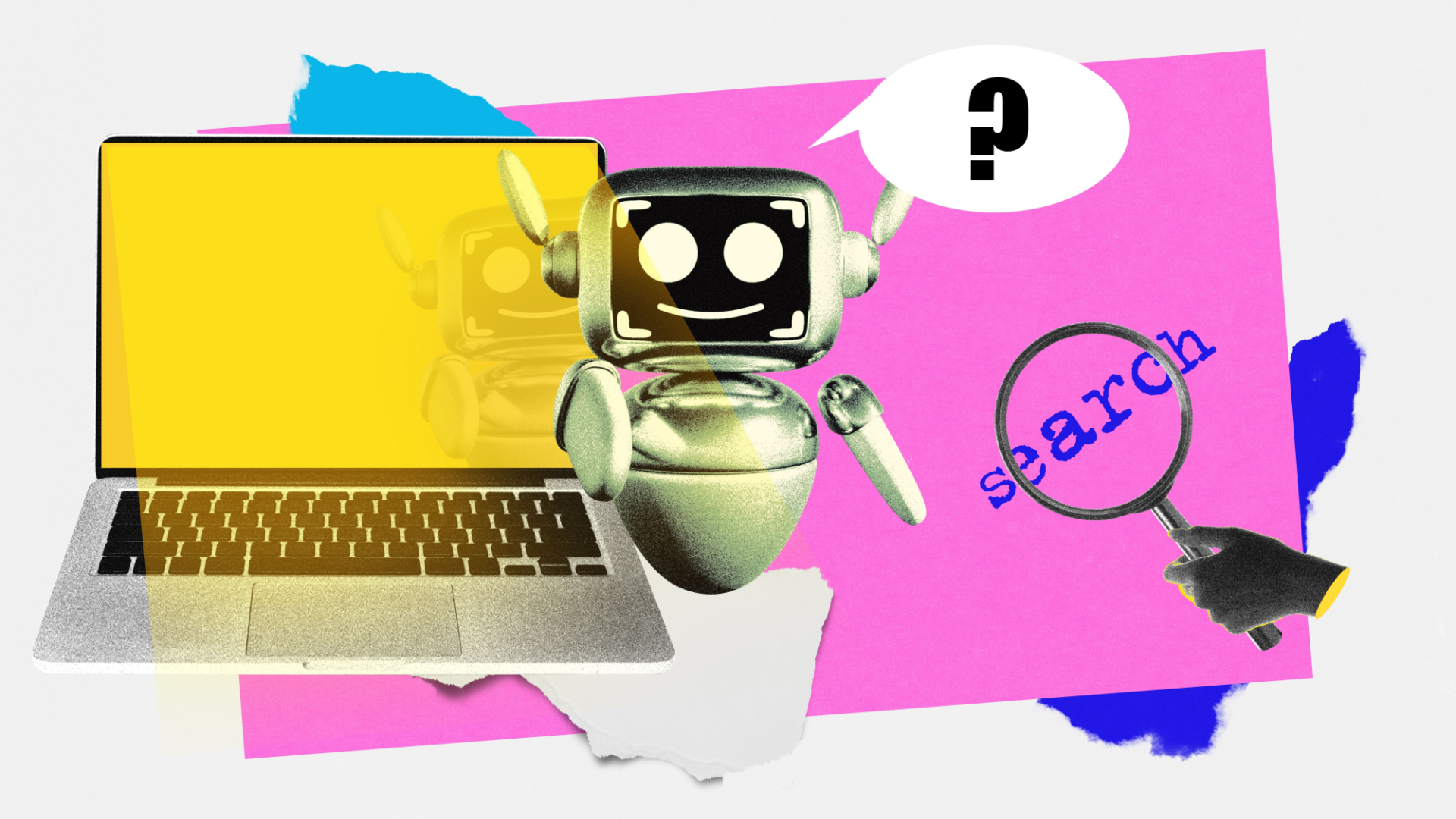 Robot with laptop and magnifying glass, searching; question mark. Pink and blue background.