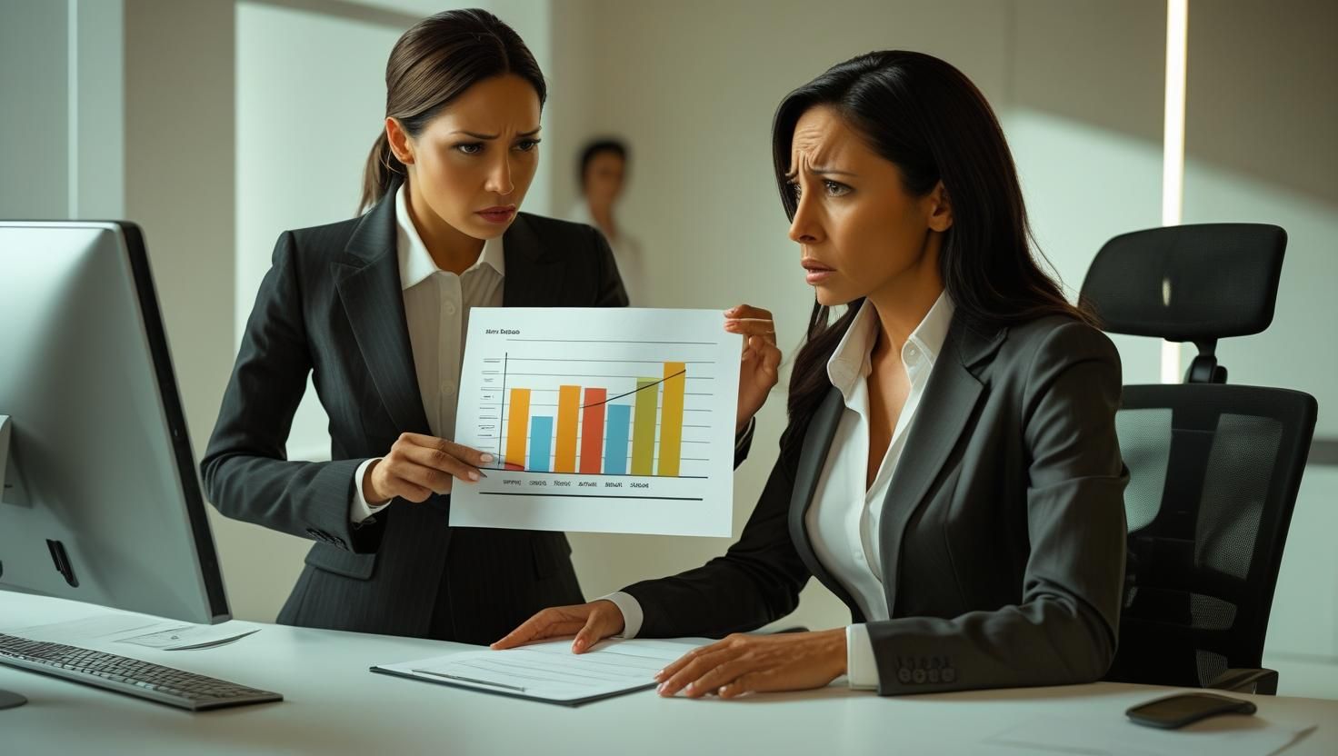 Two women in suits reviewing a chart in an office, concerned expressions.