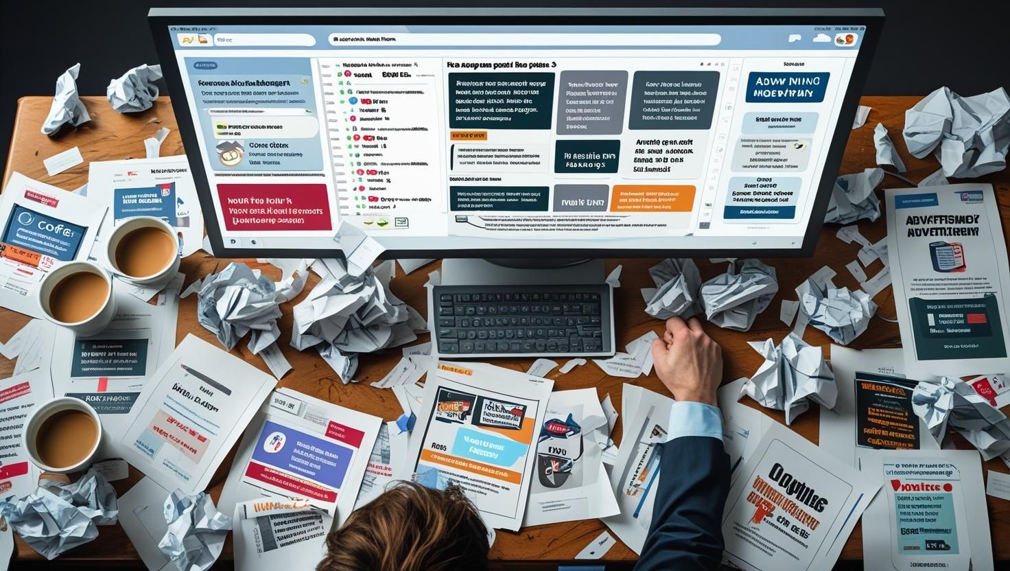 Person overwhelmed by work at a desk with computer, papers, and coffee cups.