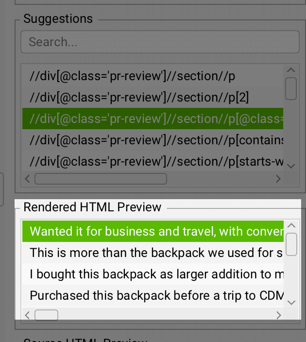 Screenshot showing HTML suggestions and a rendered HTML preview of a review with a green highlight.