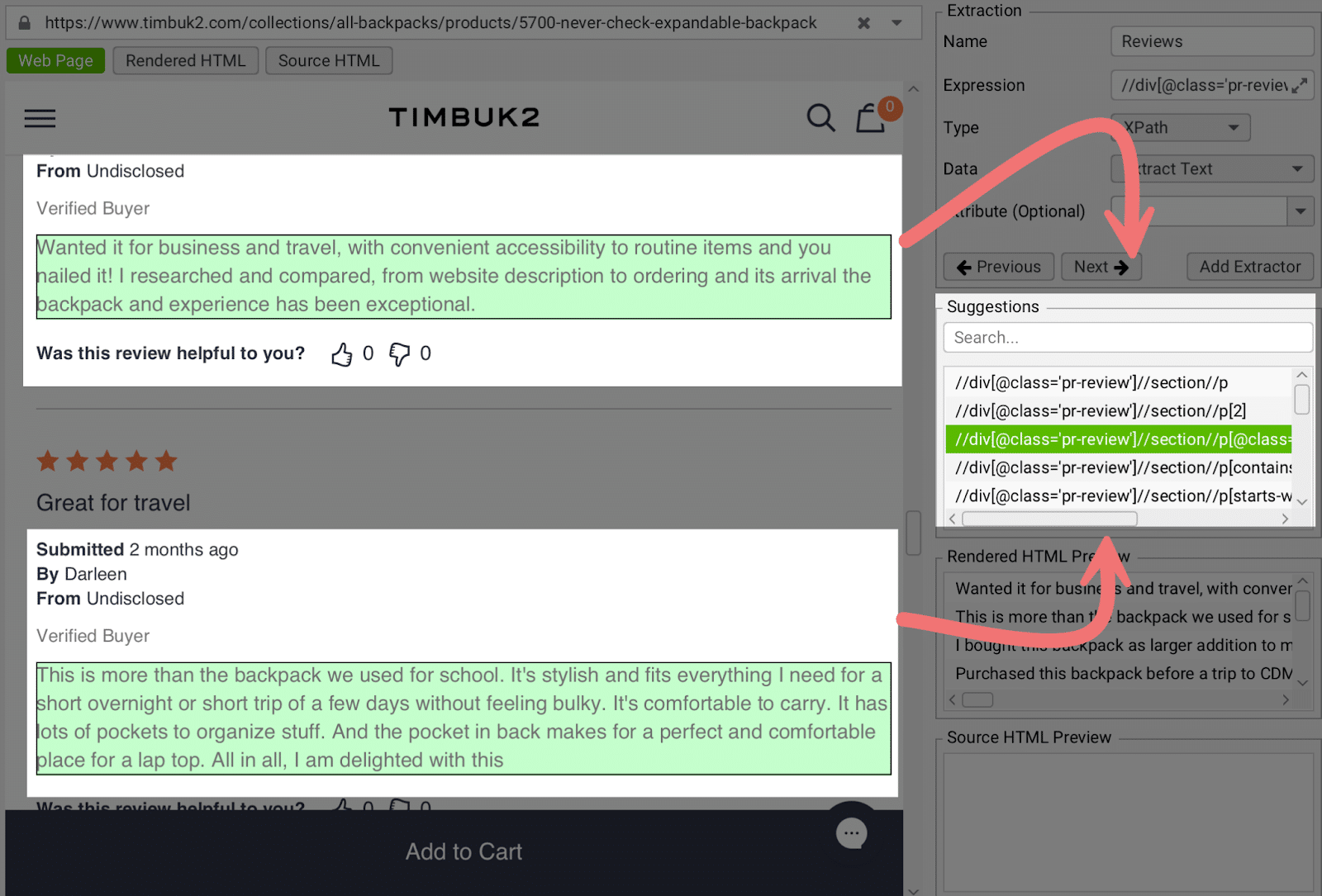 A TimBurton product review with highlighted text and associated URL links in a sidebar.