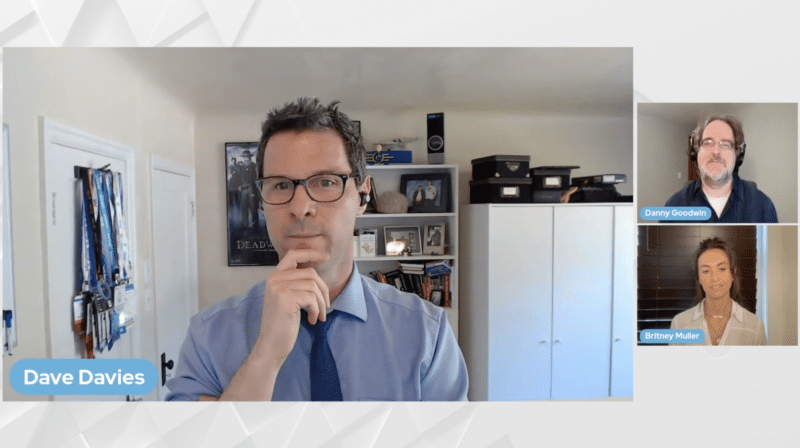 Three people in a video call: Dave Davies in a home office, two others in smaller boxes on the right.