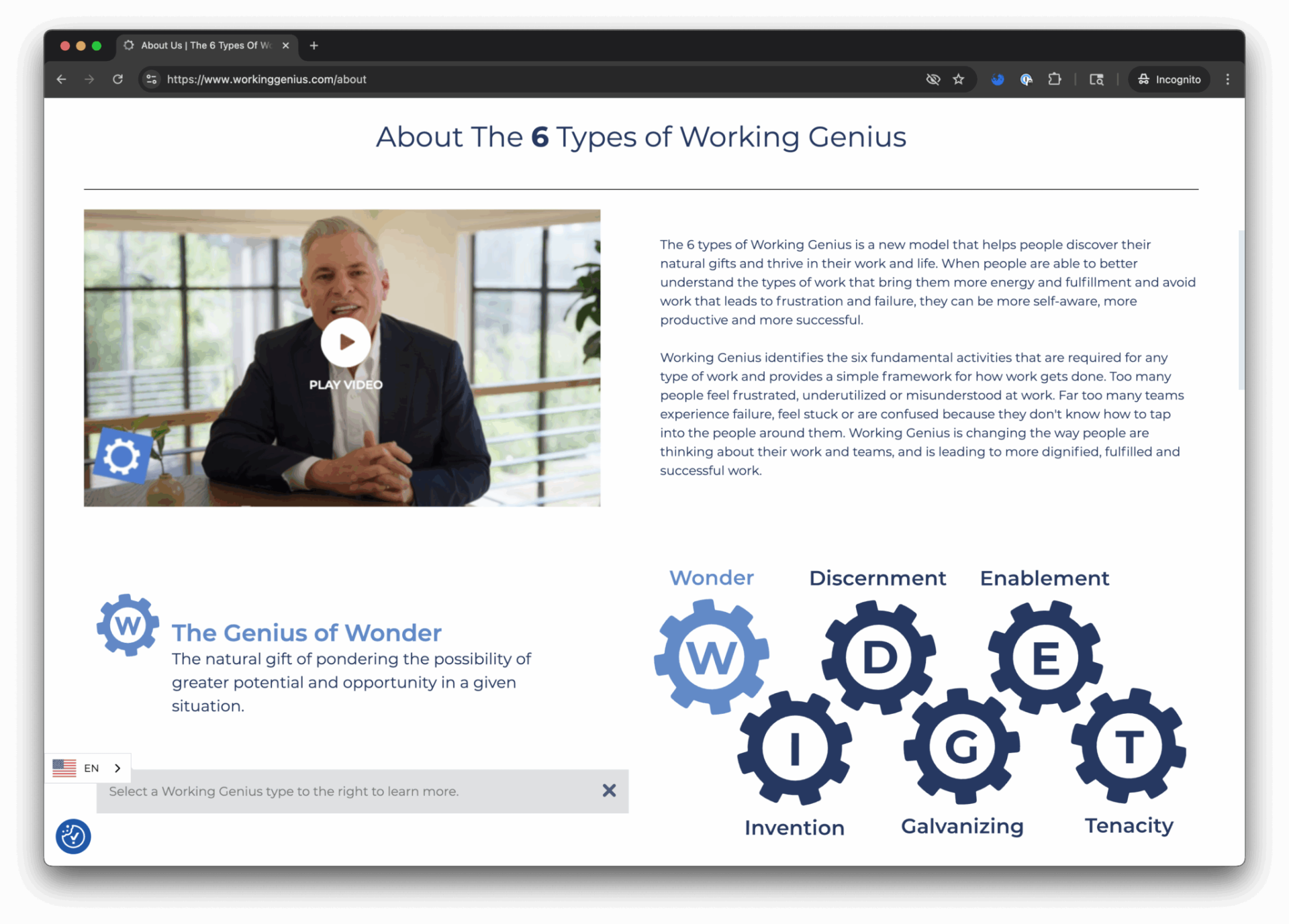 Webpage about 6 types of working genius with a video of a man, and gears with letters: W, D, I, G, E, T.