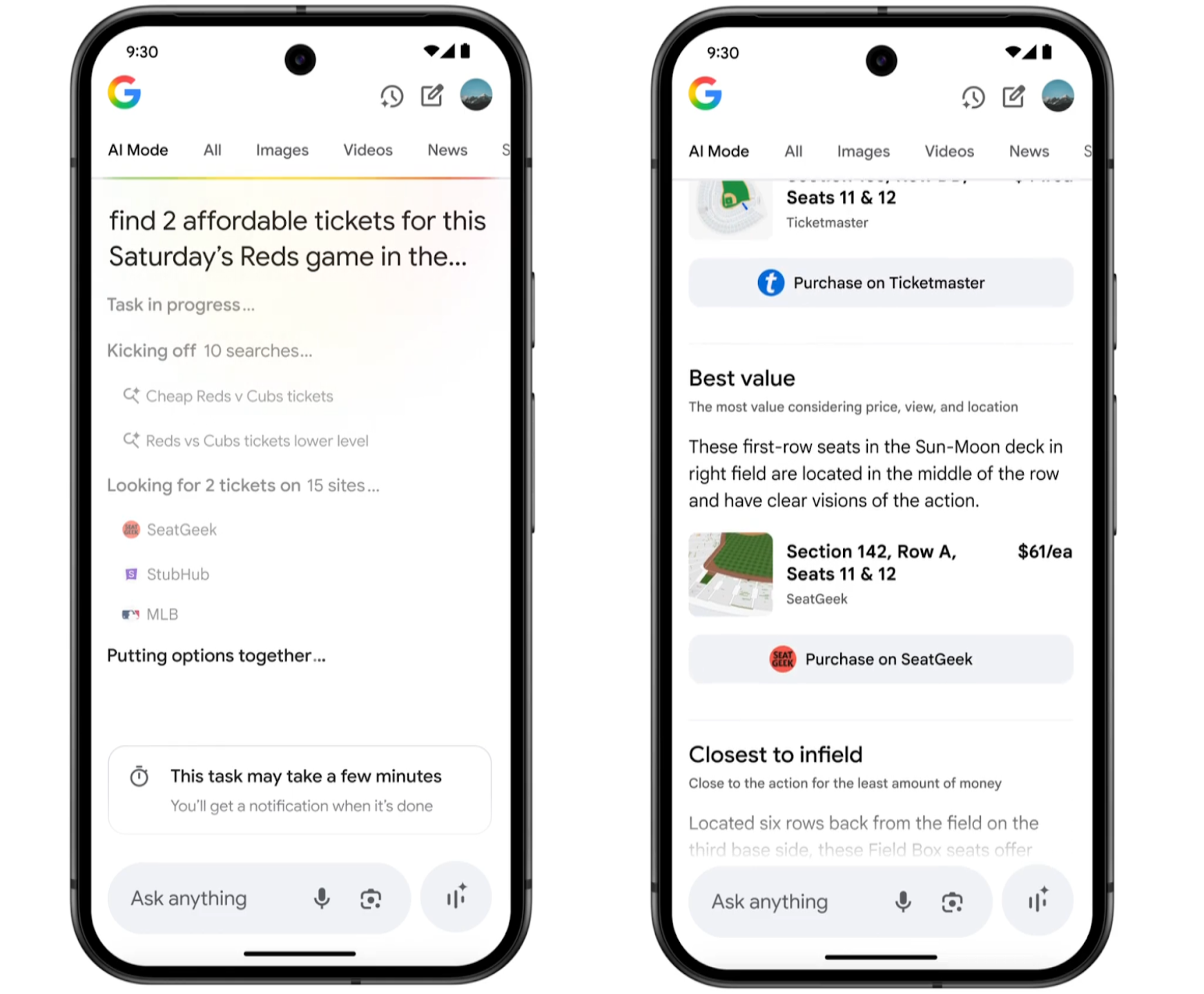 Screenshots of Google’s AI Mode at work to find and book MLB tickets