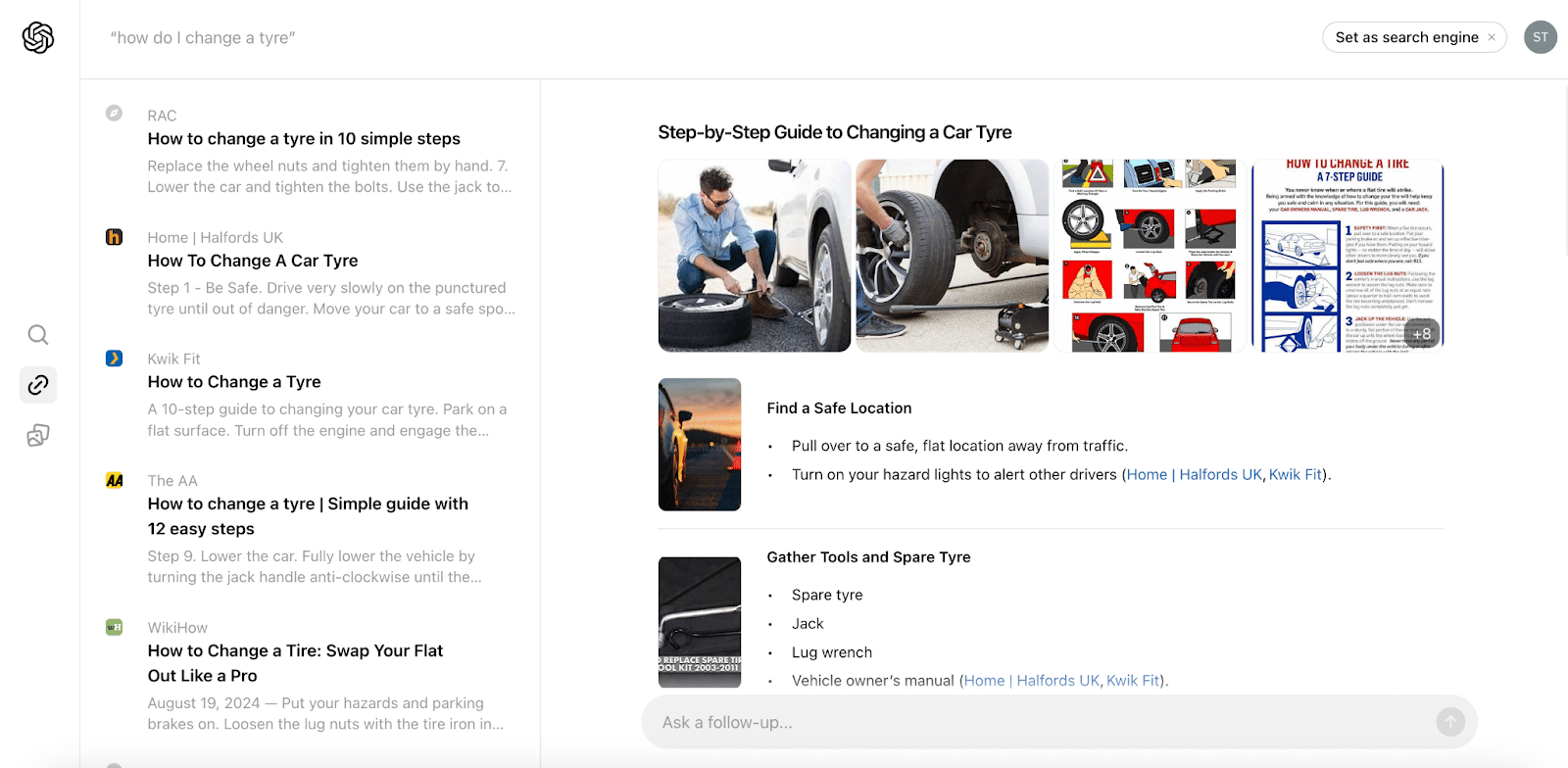 A webpage showing how to change a car tire with relevant images and text.
