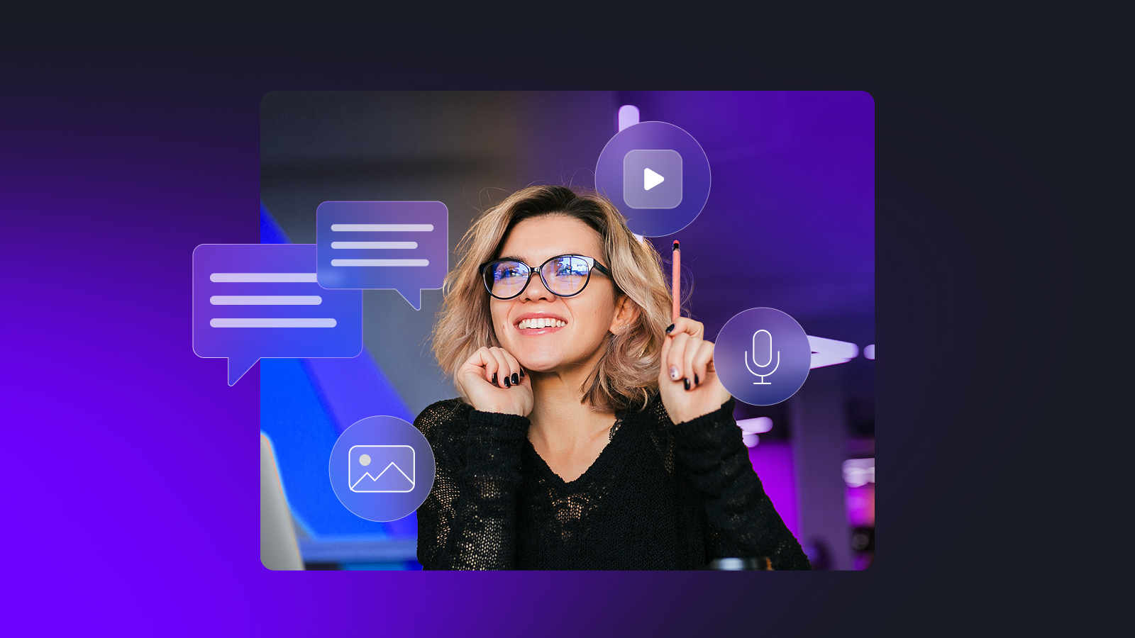 Woman with glasses, brainstorming ideas. Purple backdrop with content icons (video, chat, etc.)