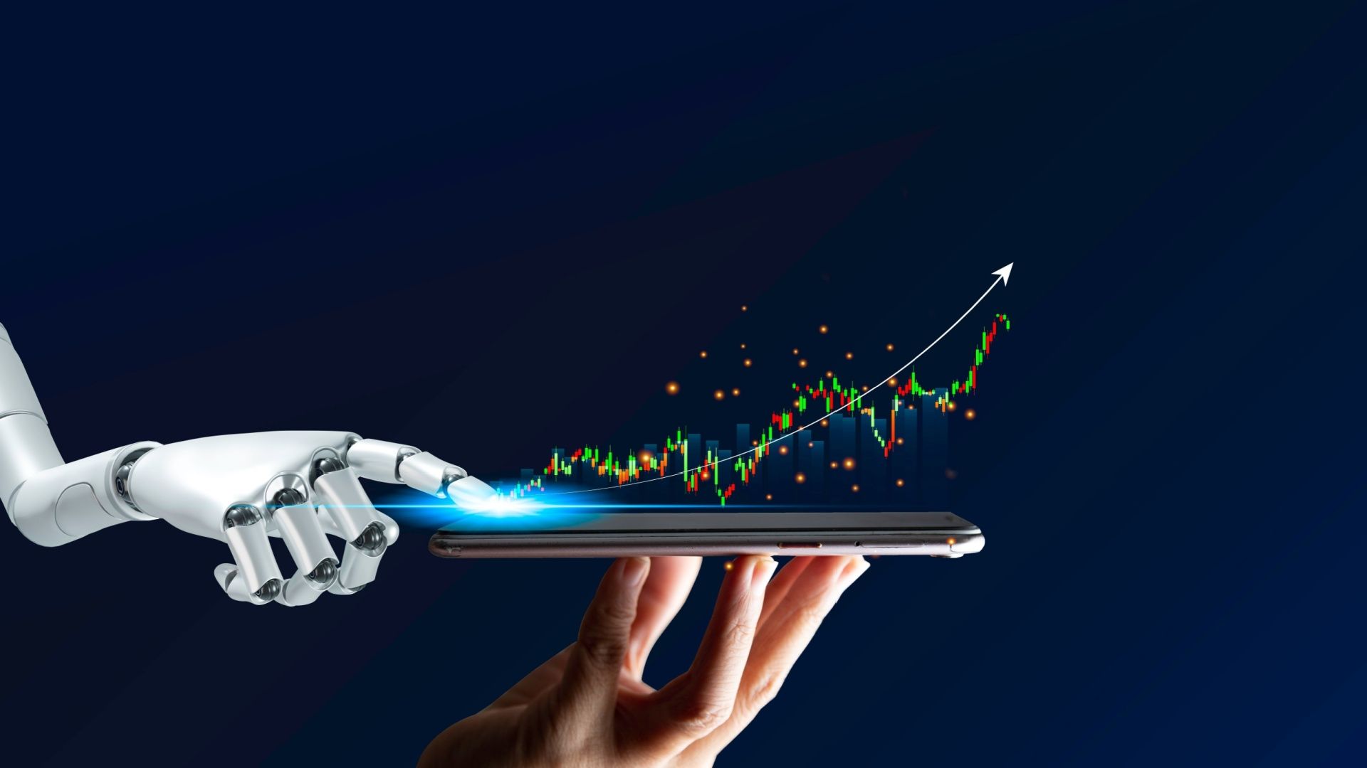 Robot hand touching a phone displaying a rising stock graph, held by a person against a blue background.