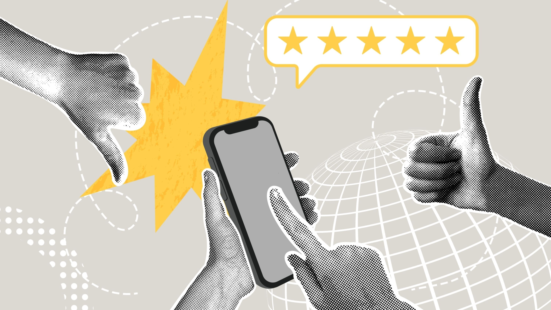 A person uses a smartphone, surrounded by thumbs up/down hands and a speech bubble with 4 stars.