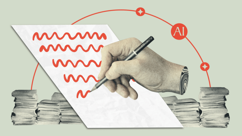 Hand writing on a paper with red ink, stacks of paper on either side, and an AI symbol above.