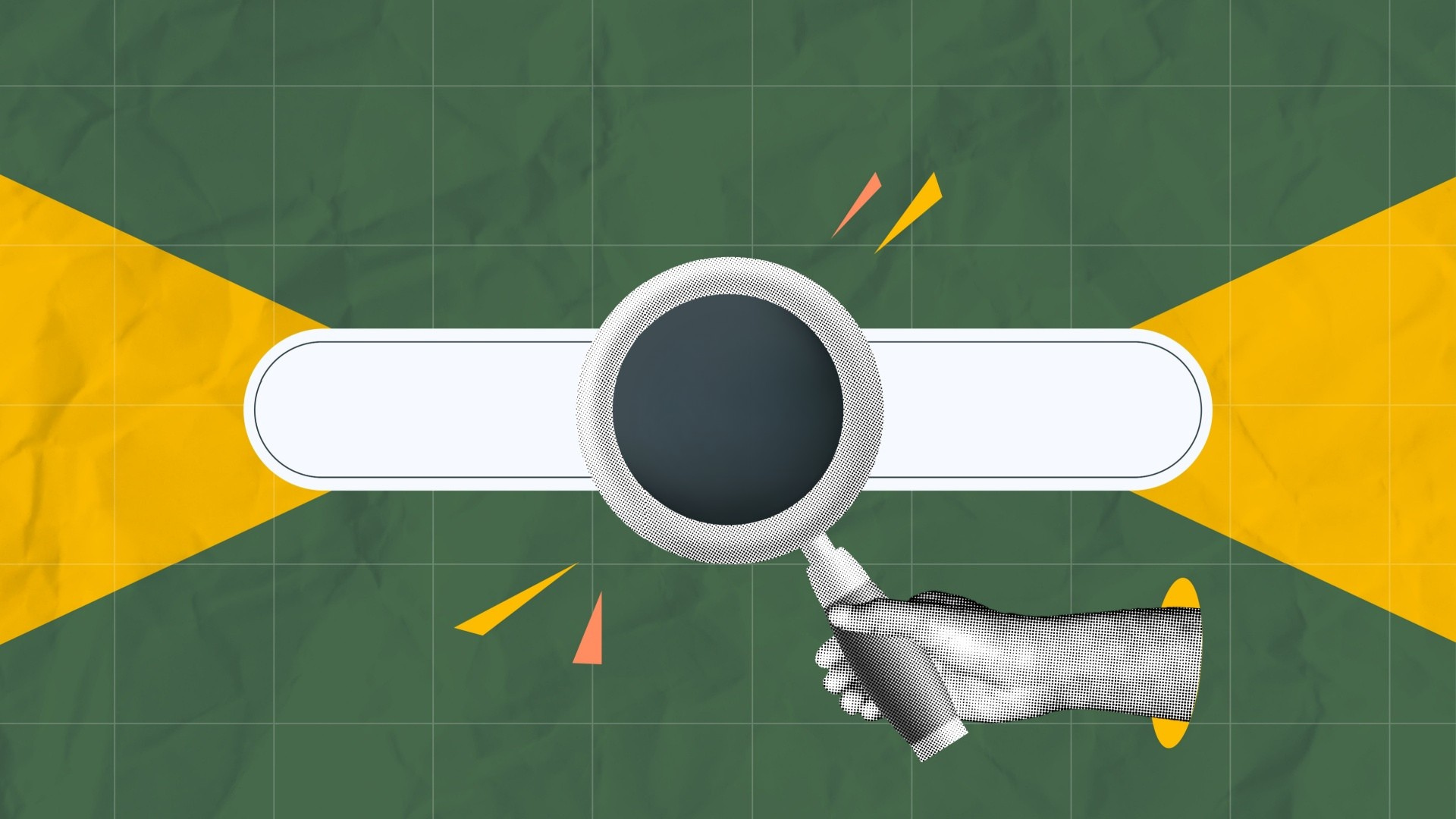 Hand with magnifying glass over a search bar on a green and yellow background.