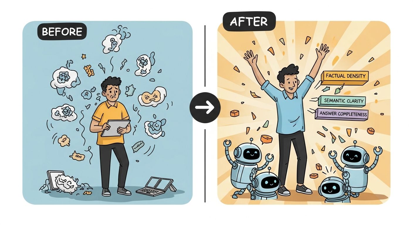 Man overwhelmed with ideas transformed to joyful with robots and books.