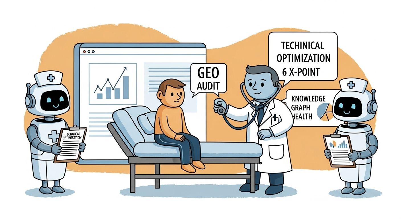 Two robot nurses and a doctor with a stethoscope examine a patient. A chart displays data on a monitor.