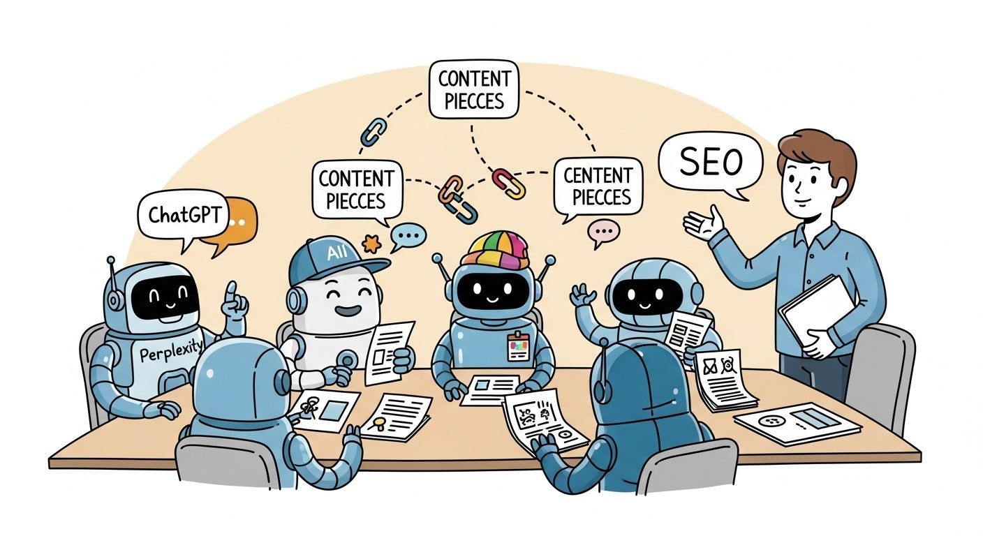 Robots in meeting, creating content; SEO specialist instructing; ChatGPT logo; content pieces linked.