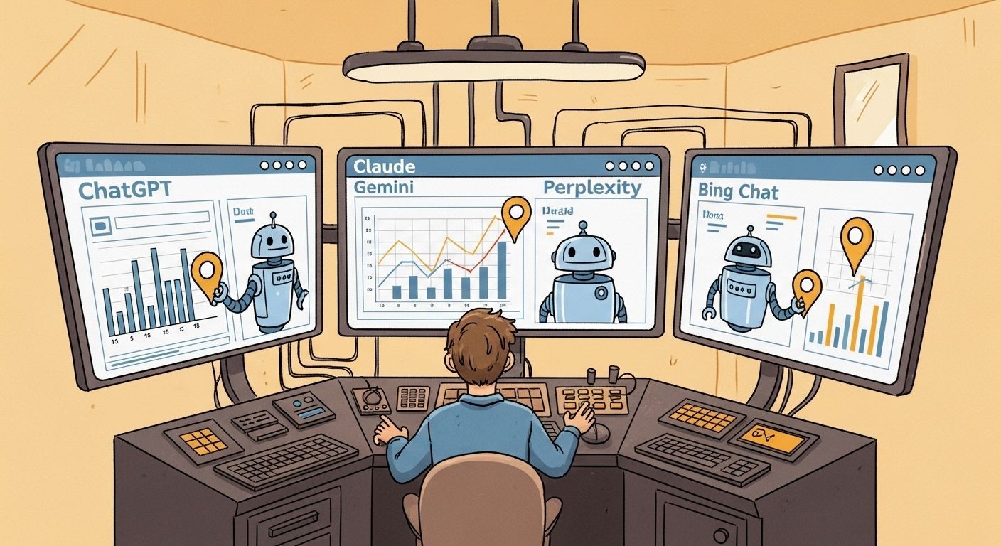 A person at a control panel monitors three screens with ChatGPT, Claude, and Bing Chat AI bots.