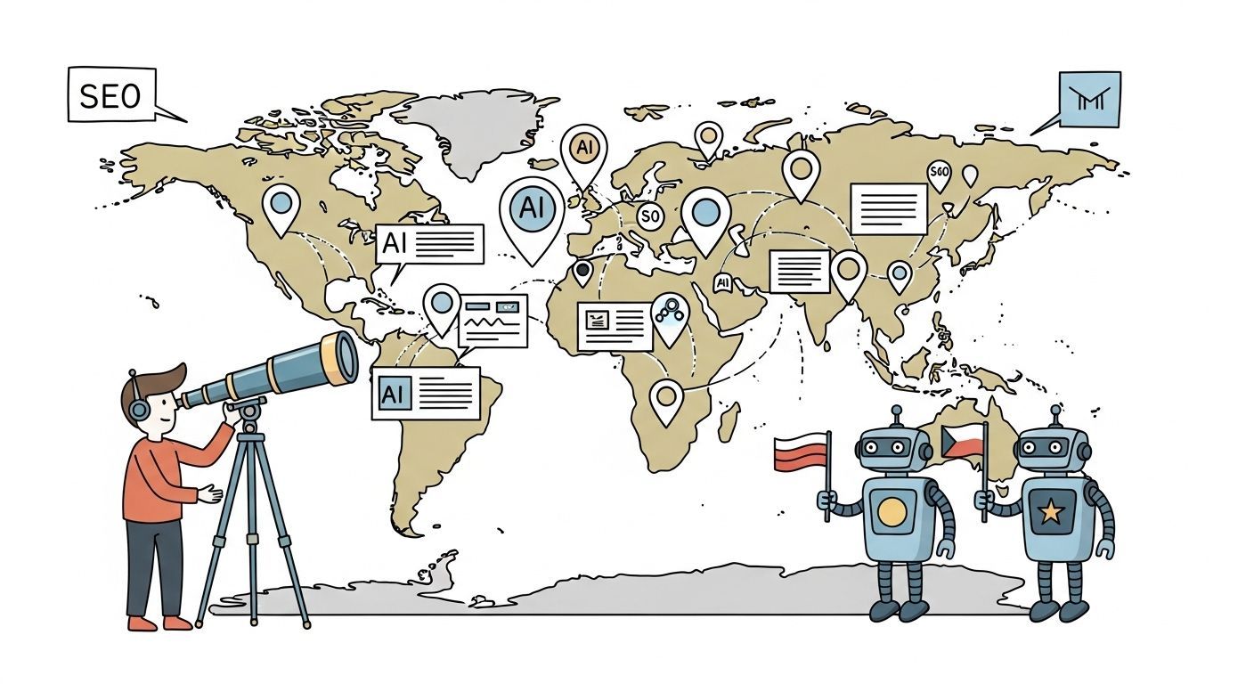 Man with telescope observing map with AI, SEO, and robots with flags.