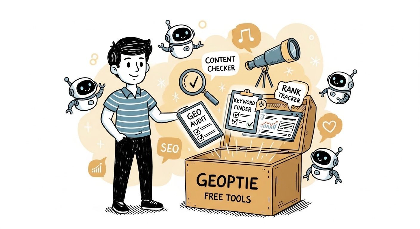 Man surrounded by robots, holding SEO tools, looking at a box labeled 