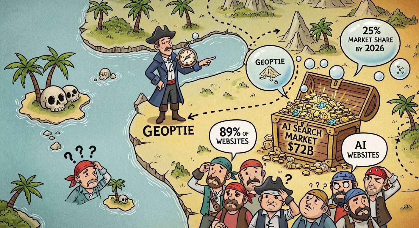 Pirate map with a captain pointing at a treasure chest filled with AI market gold. Other pirates look confused.