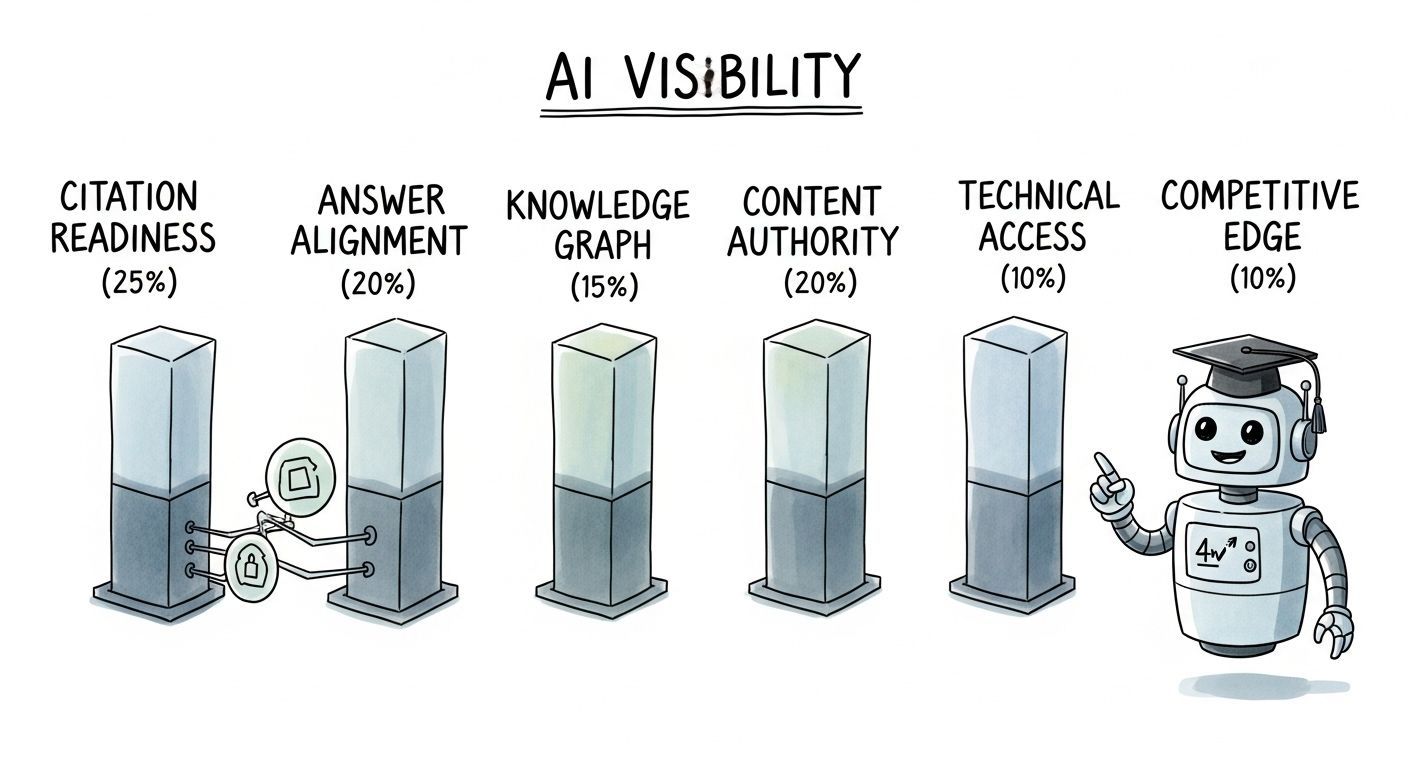AI Visibility infographic: bars showing levels of various aspects and a robot.