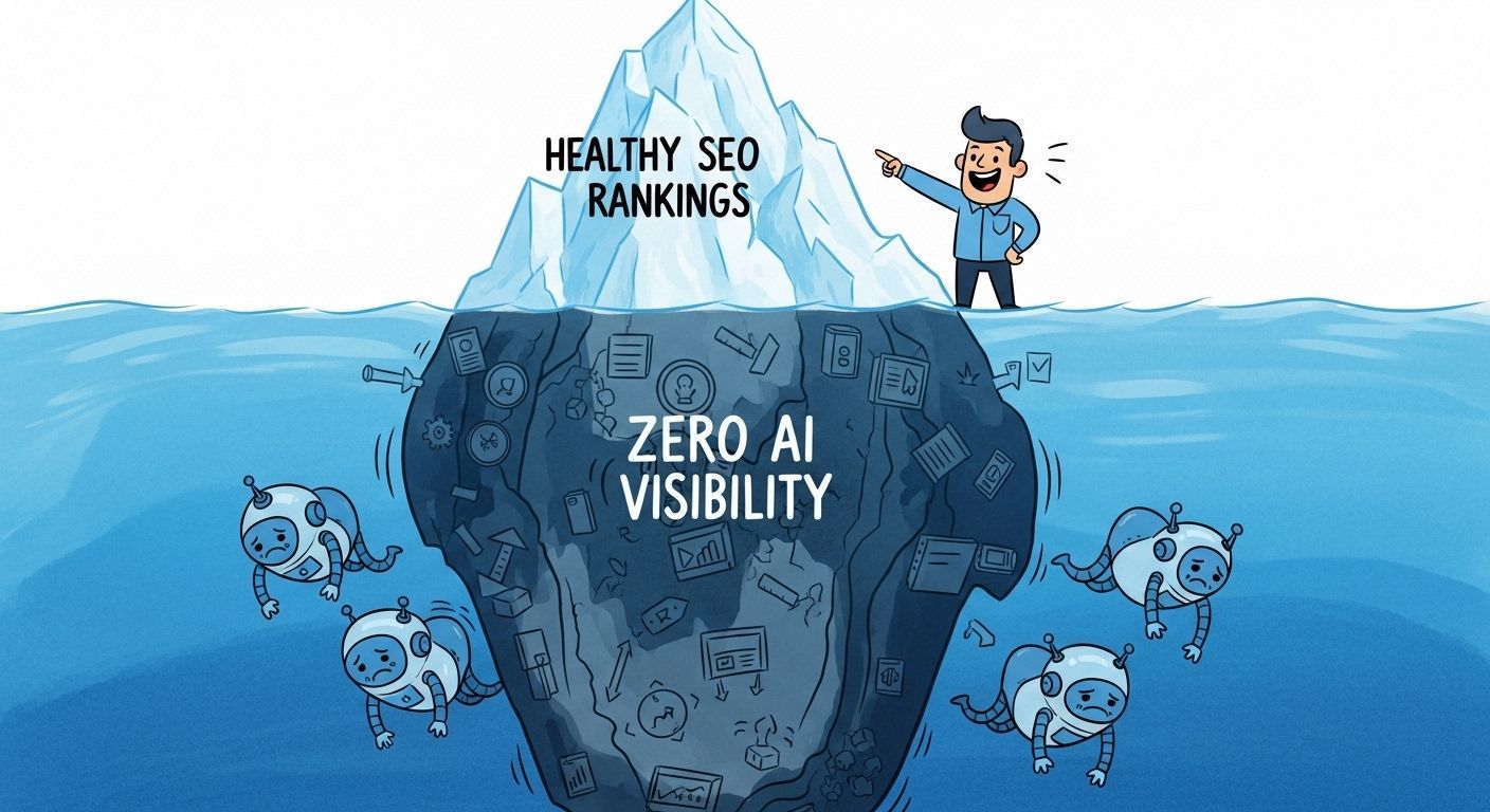 Man points at iceberg: Healthy SEO Rankings visible above water, Zero AI Visibility submerged below, with stylized AI bots.