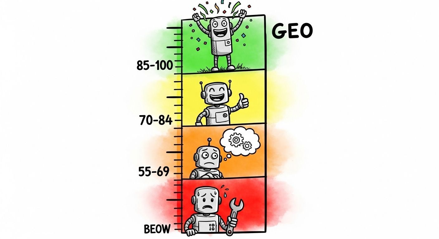 A performance gauge with a robot representing scores, from red (low) to green (high). 