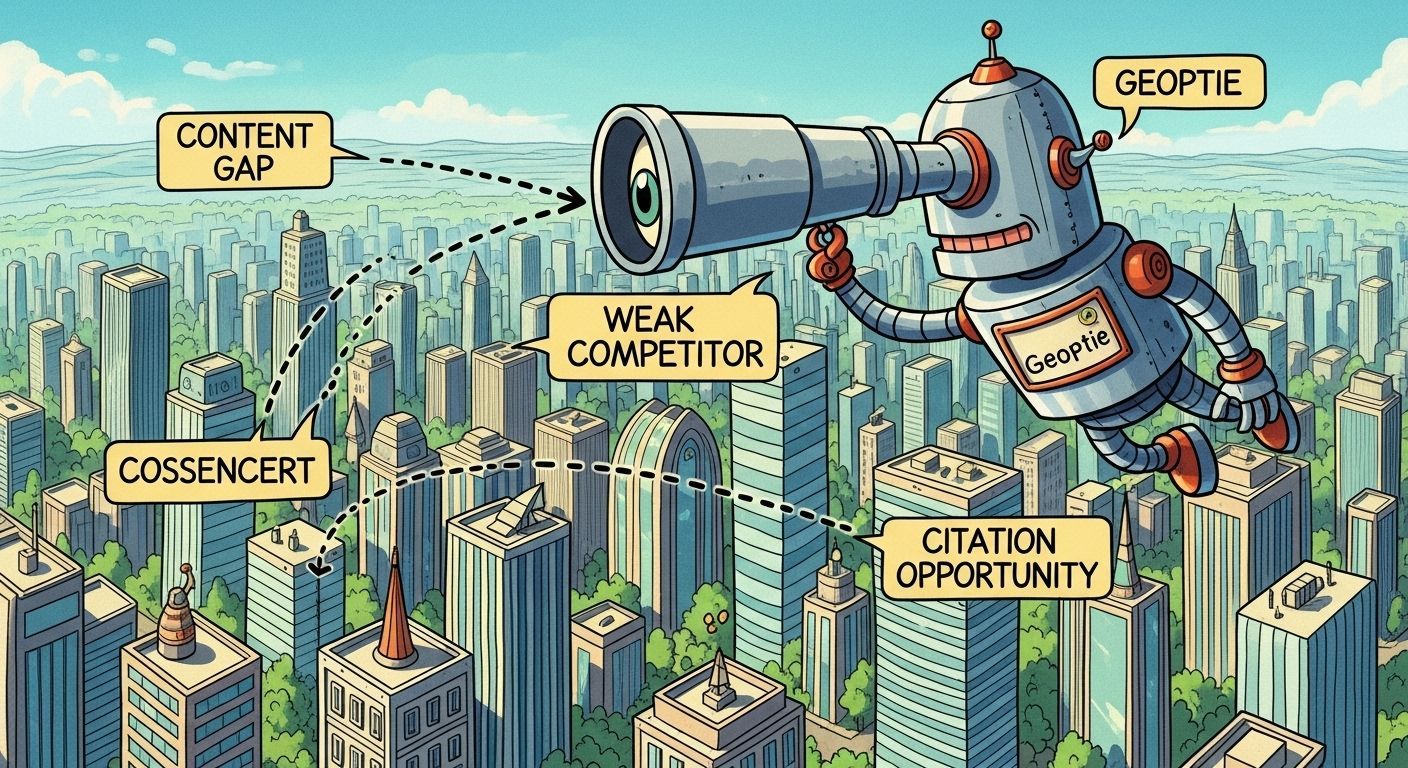 Robot with telescope looking over a city; arrows point to content gap, competitors, and opportunities.