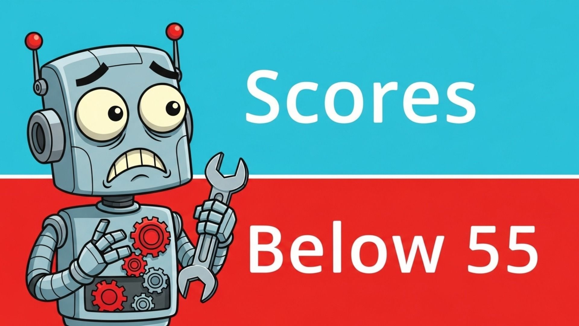 Robot holding wrench, looking concerned, with text 