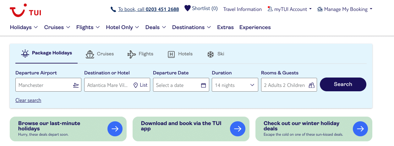 TUI website search form: Destination, date, duration, and number of travelers. Blue and white color scheme.