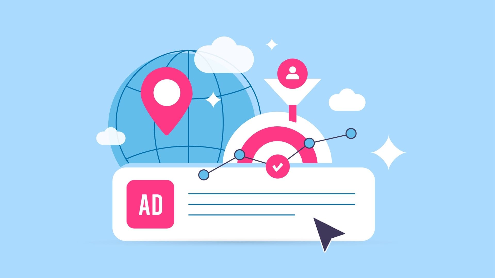 Digital marketing concept: globe, target, ads, and funnel, in blue, pink, and white.