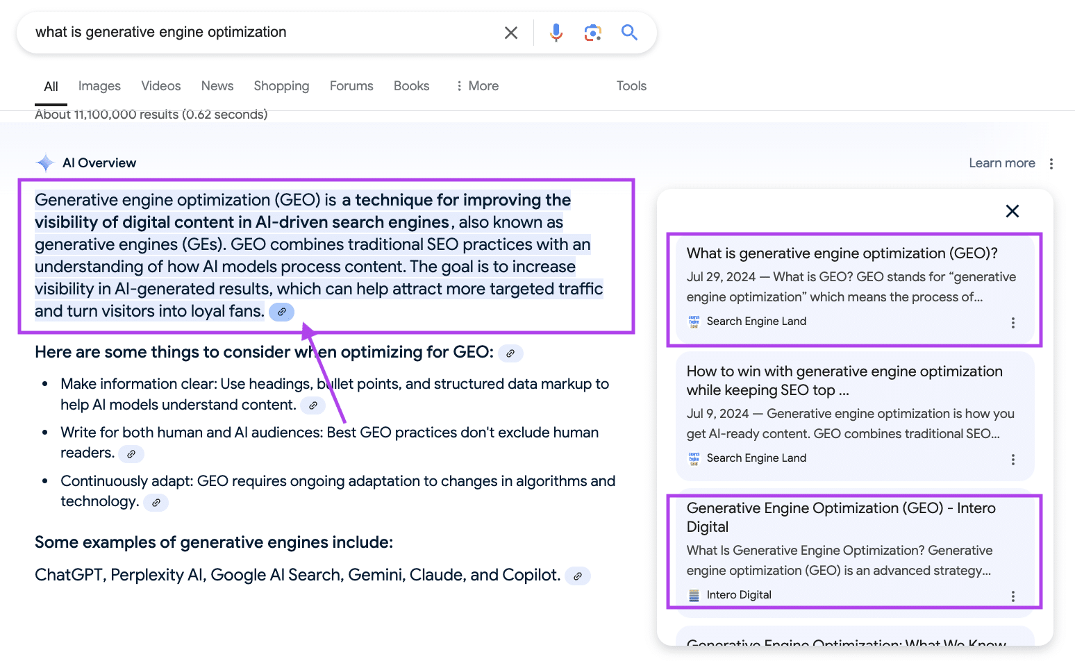 A Google search result page with highlighted text and related information about generative engine optimization (GEO).