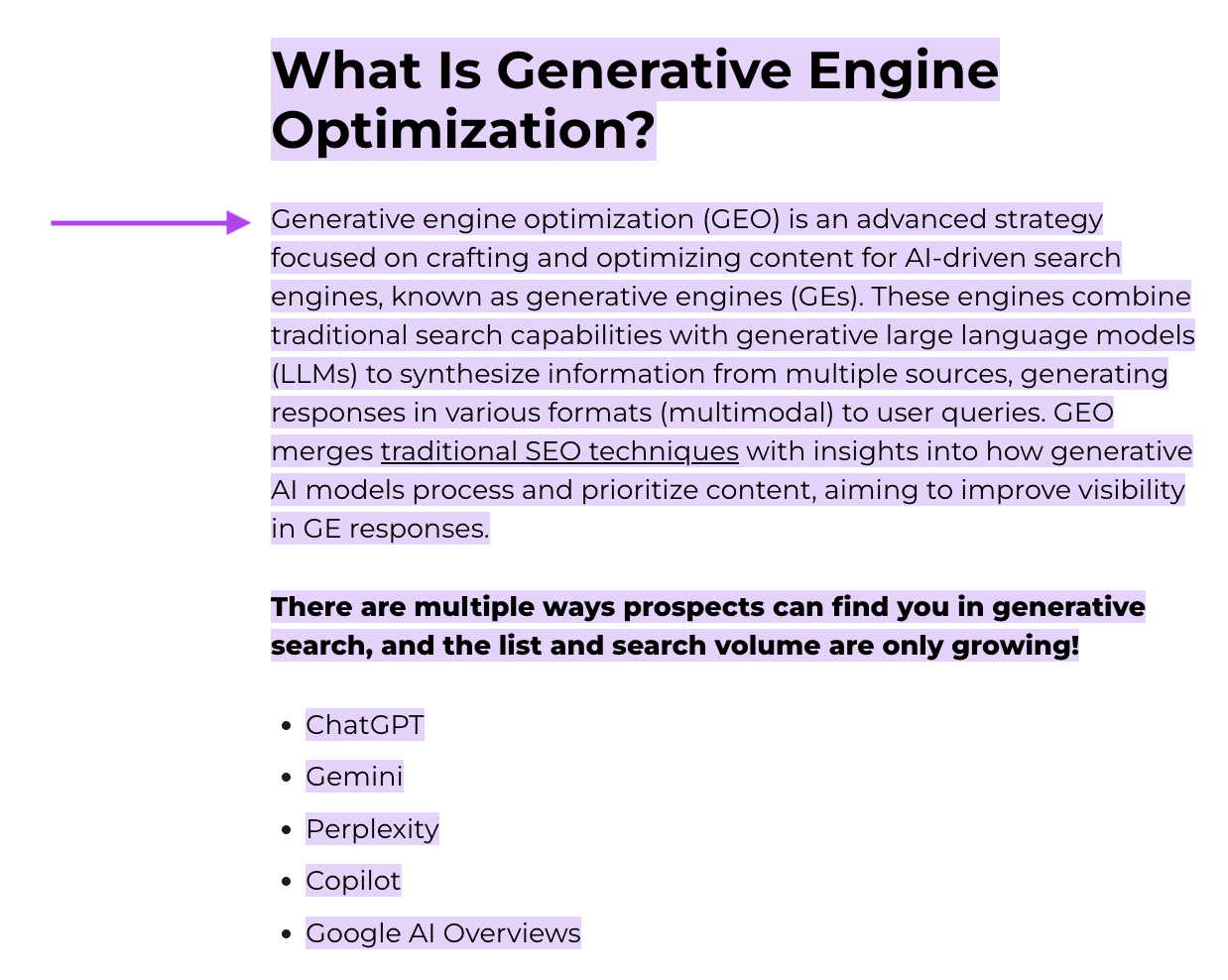 Text explaining generative engine optimization, listing search engines like ChatGPT.