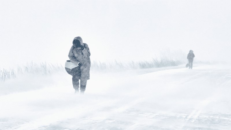 Two figures in heavy coats walk in a snowstorm on a rural road, obscured by blowing snow.