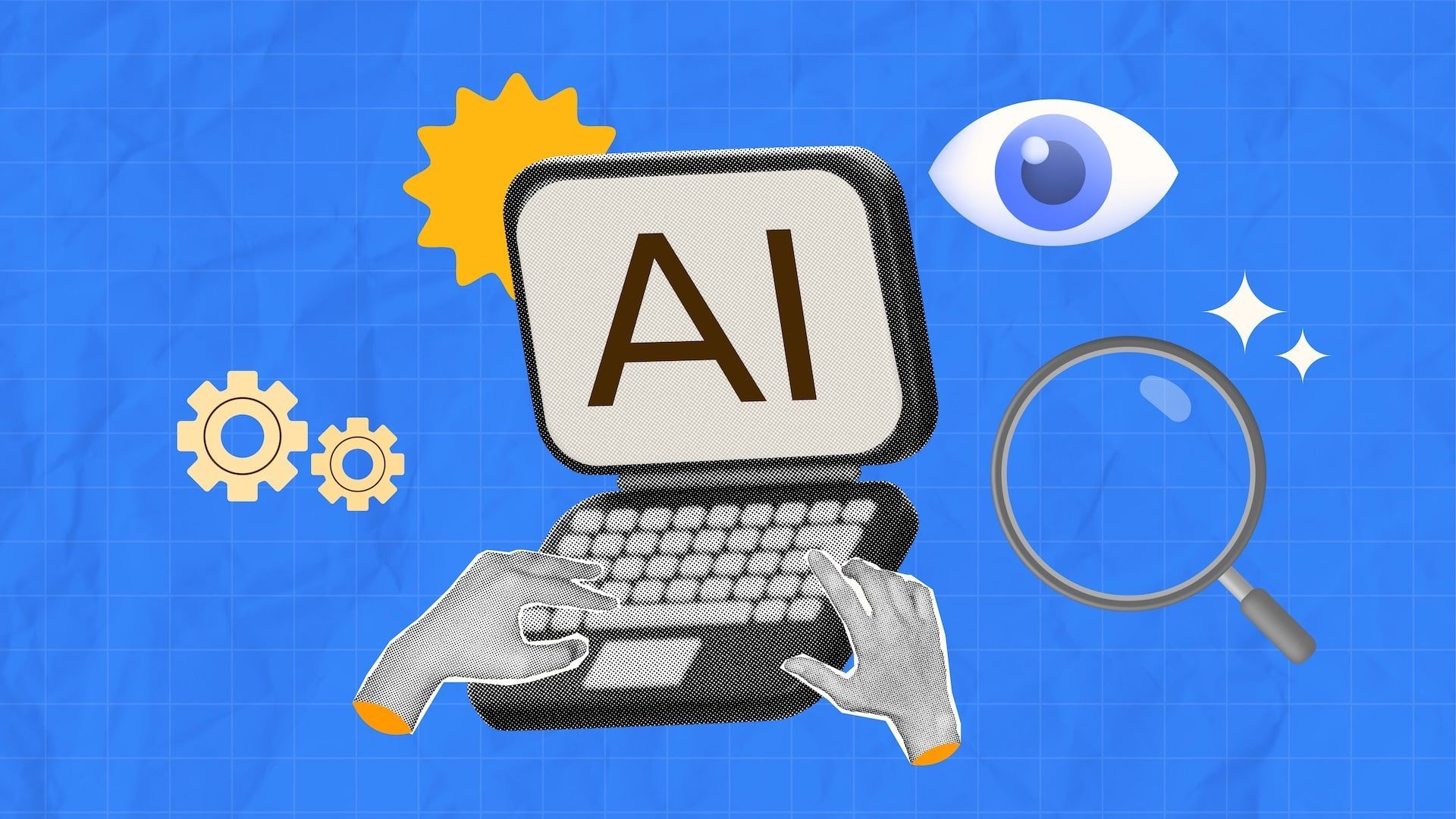 AI graphic: Computer monitor with AI text, keyboard with hands typing, and surrounding icons.