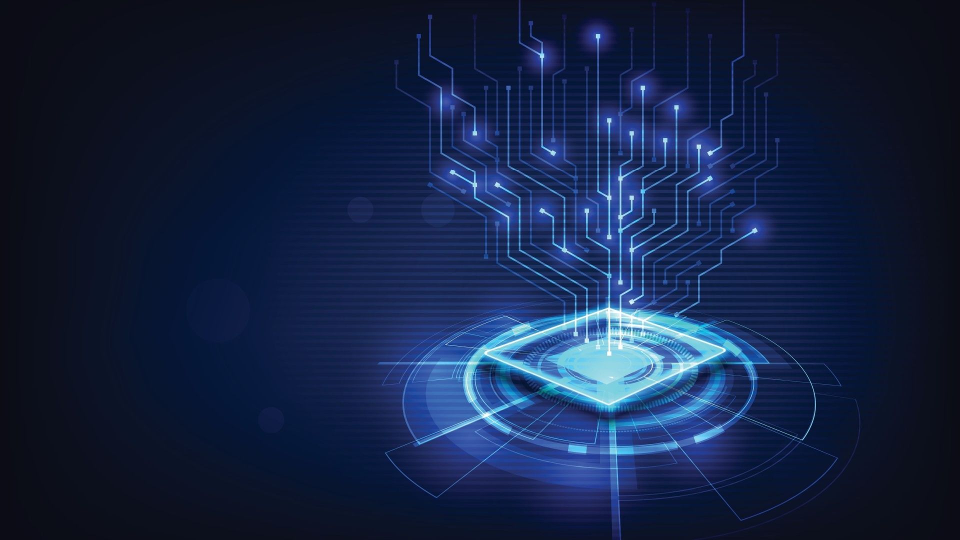 Glowing digital circuit board emitting light, on dark blue background.