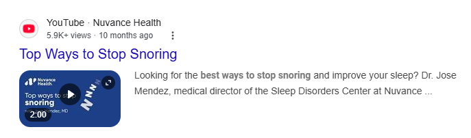 YouTube video about top ways to stop snoring by Nuvance Health, with a play button over a video screen.