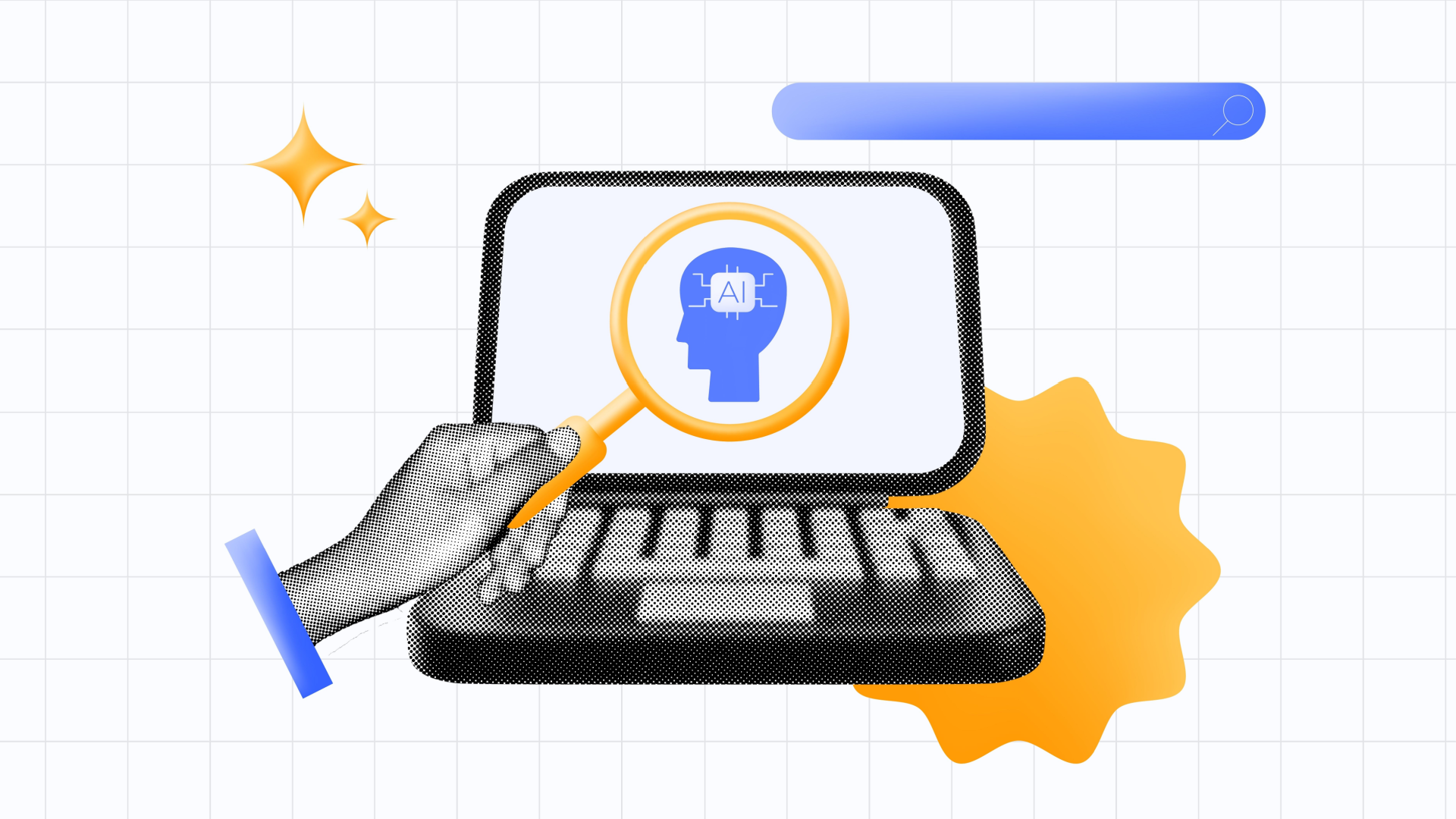 Hand using magnifying glass to examine brain icon on laptop screen.
