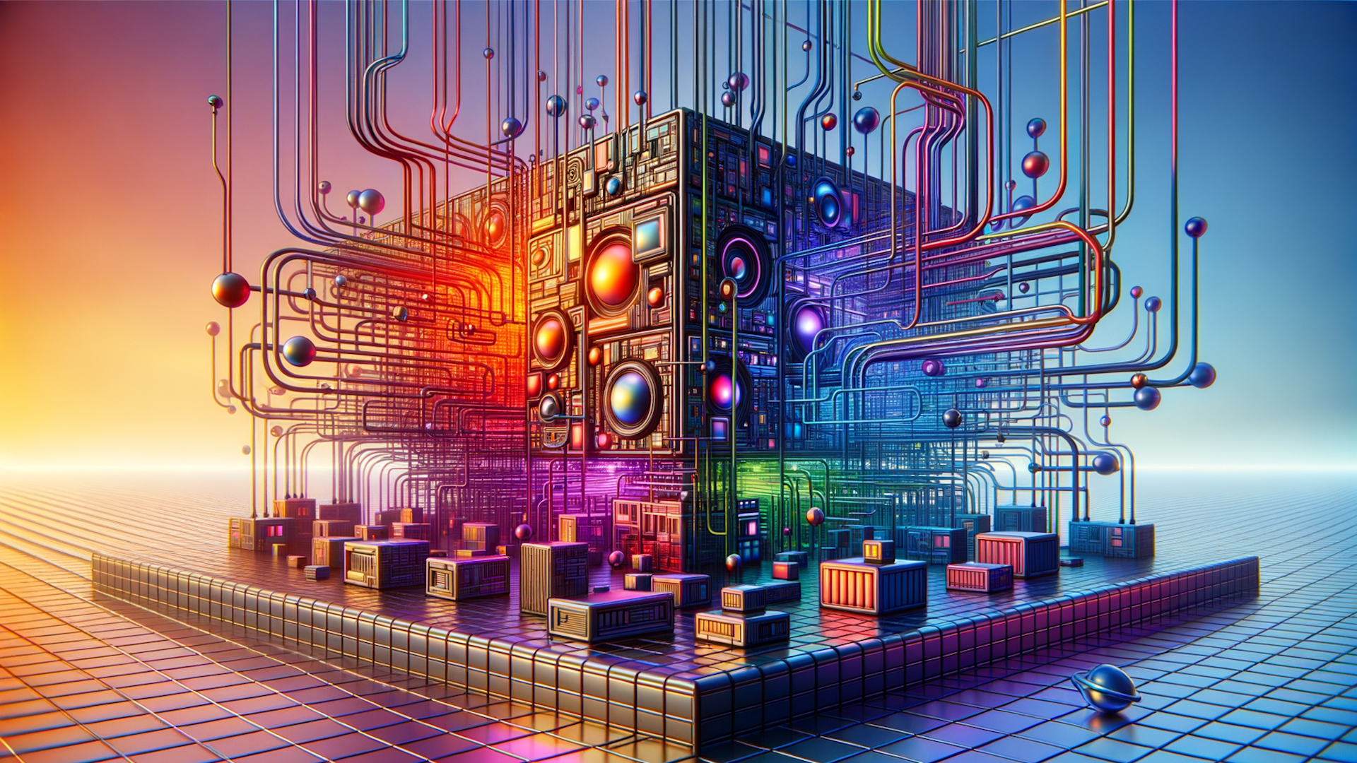 Futuristic glowing cube, complex wiring, colorful lighting, abstract technology, set in a digital space.