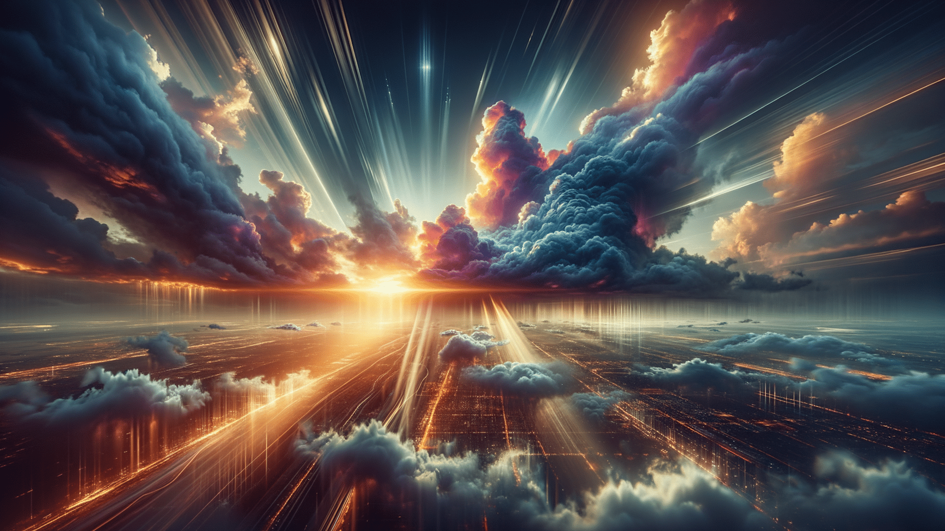 Sunset sky with clouds reflecting in water, streaked with light trails.