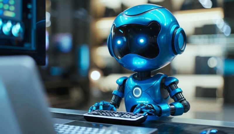 Blue robot sitting at a computer, typing on a keyboard, in a modern office setting.