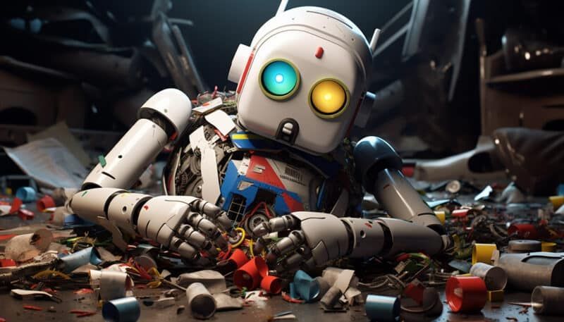 A robot lies in a messy workshop, its face tilted up, with two different colored eyes, surrounded by debris.