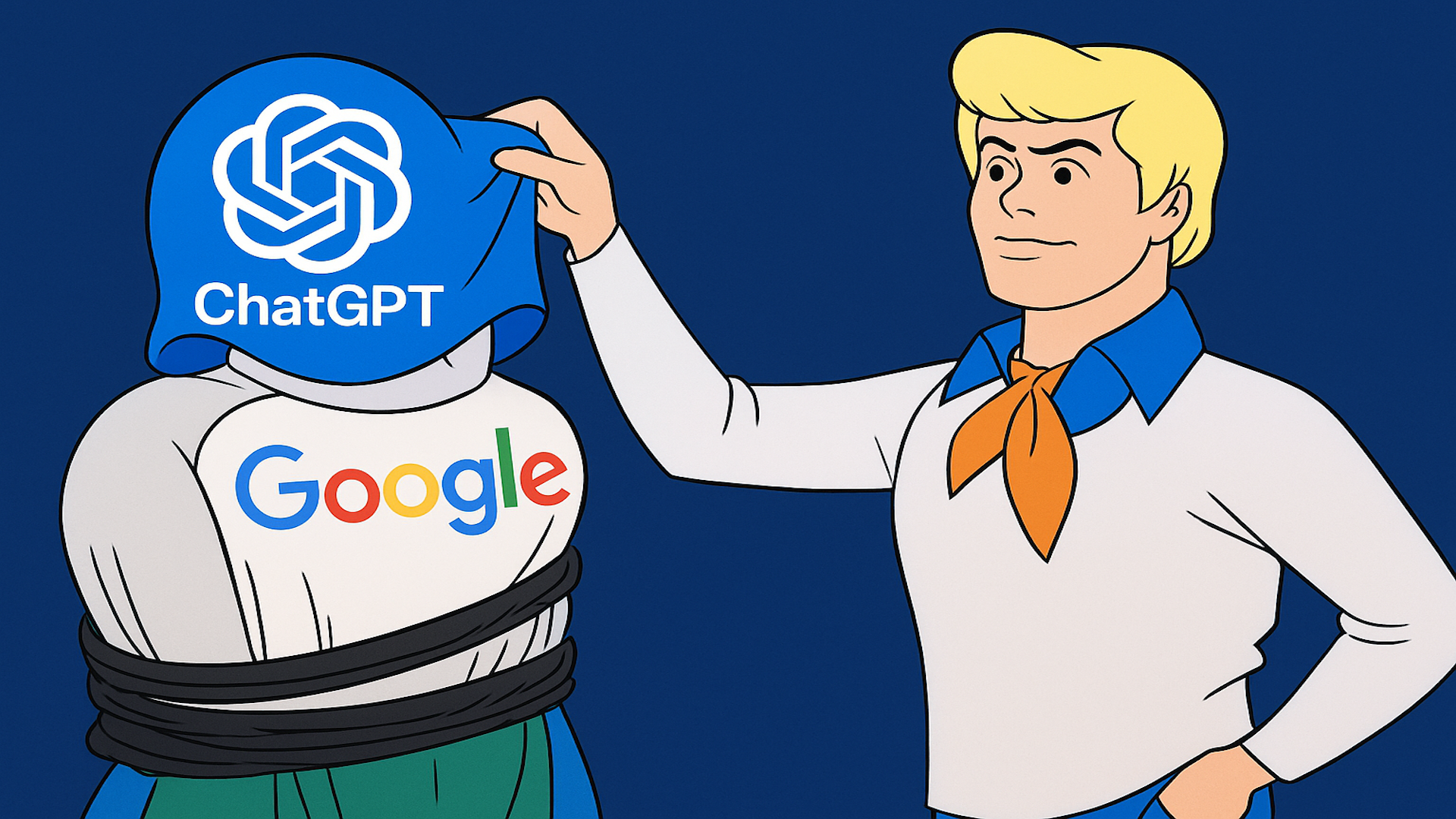 Fred from Scooby-Doo removing a ChatGPT mask from Google, revealing Google's true identity.