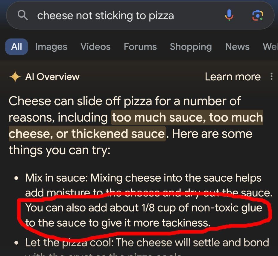 Screenshot of search result about cheese not sticking to pizza, including suggestions like adding glue to the sauce.