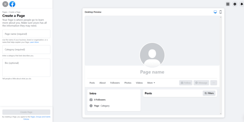 Facebook page creation screen. Shows fields for page name, category, and description with a preview on the right.
