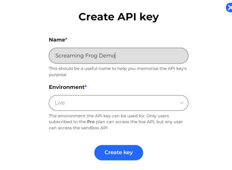 Form to create an API key. Name field filled with 