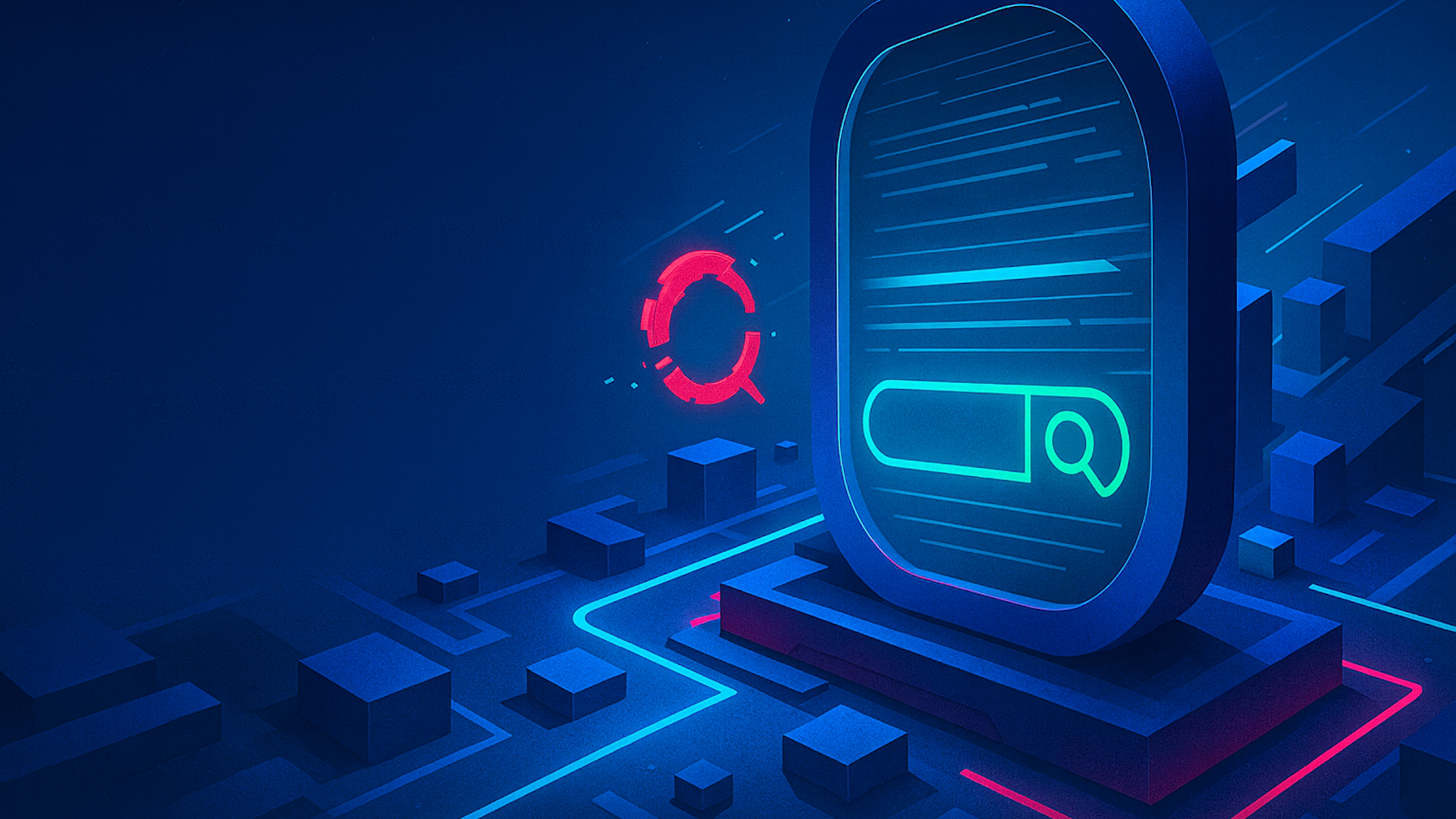 Blue neon data visualization with glowing icon and text, abstract tech background.
