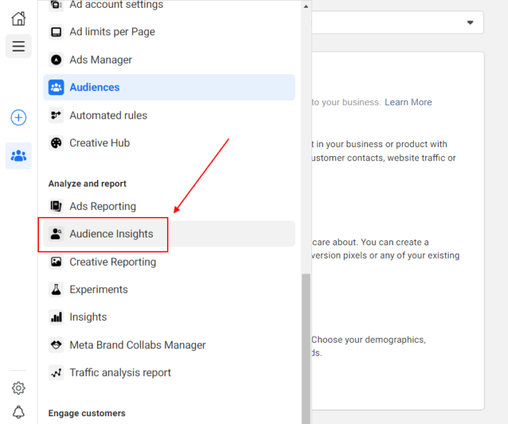 Screenshot of Facebook Ads Manager menu, highlighting 