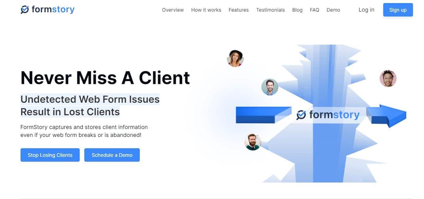 Website landing page for FormStory with 