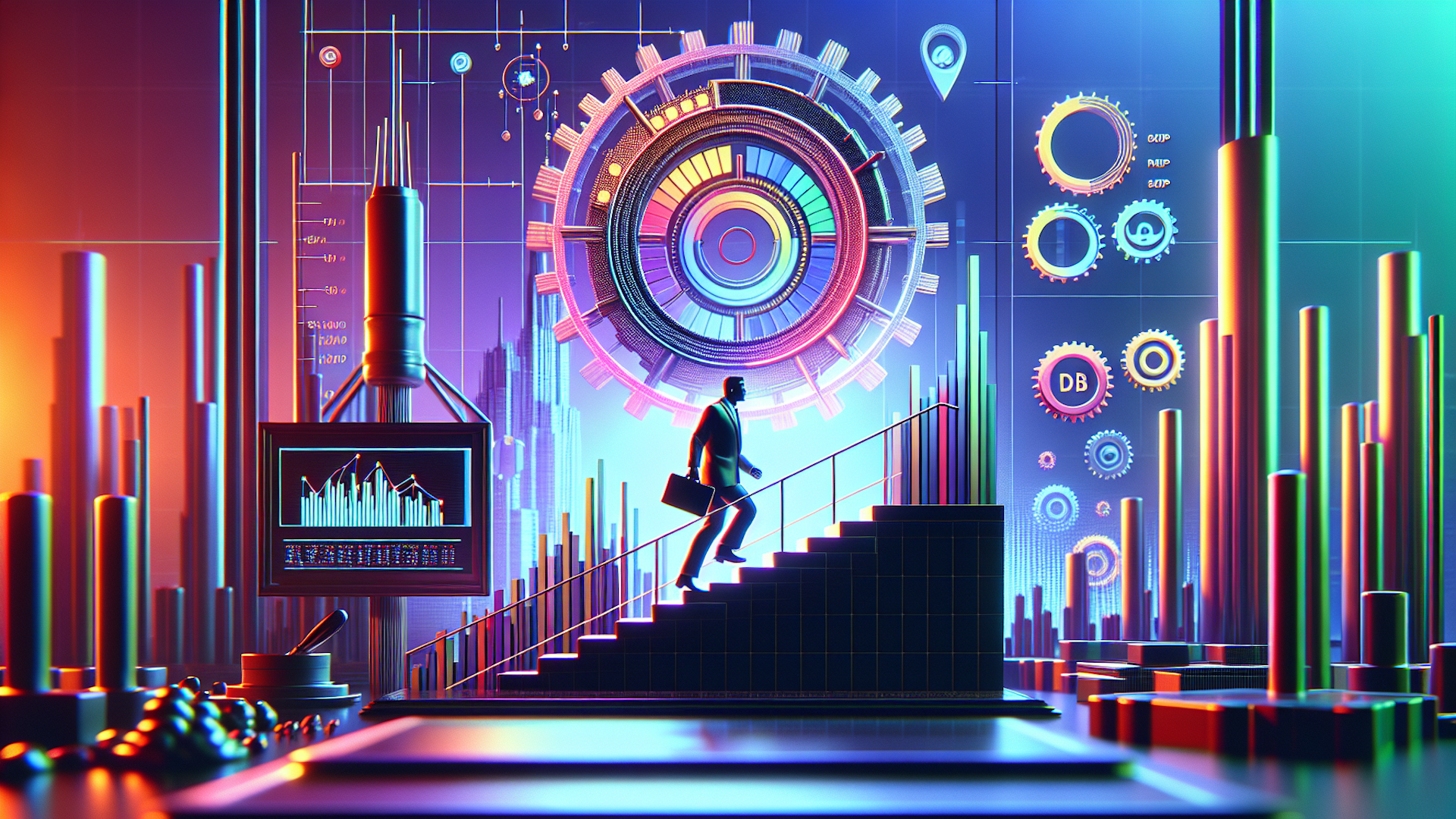 Businessman climbing stairs toward a complex data visualization, glowing in neon colors.