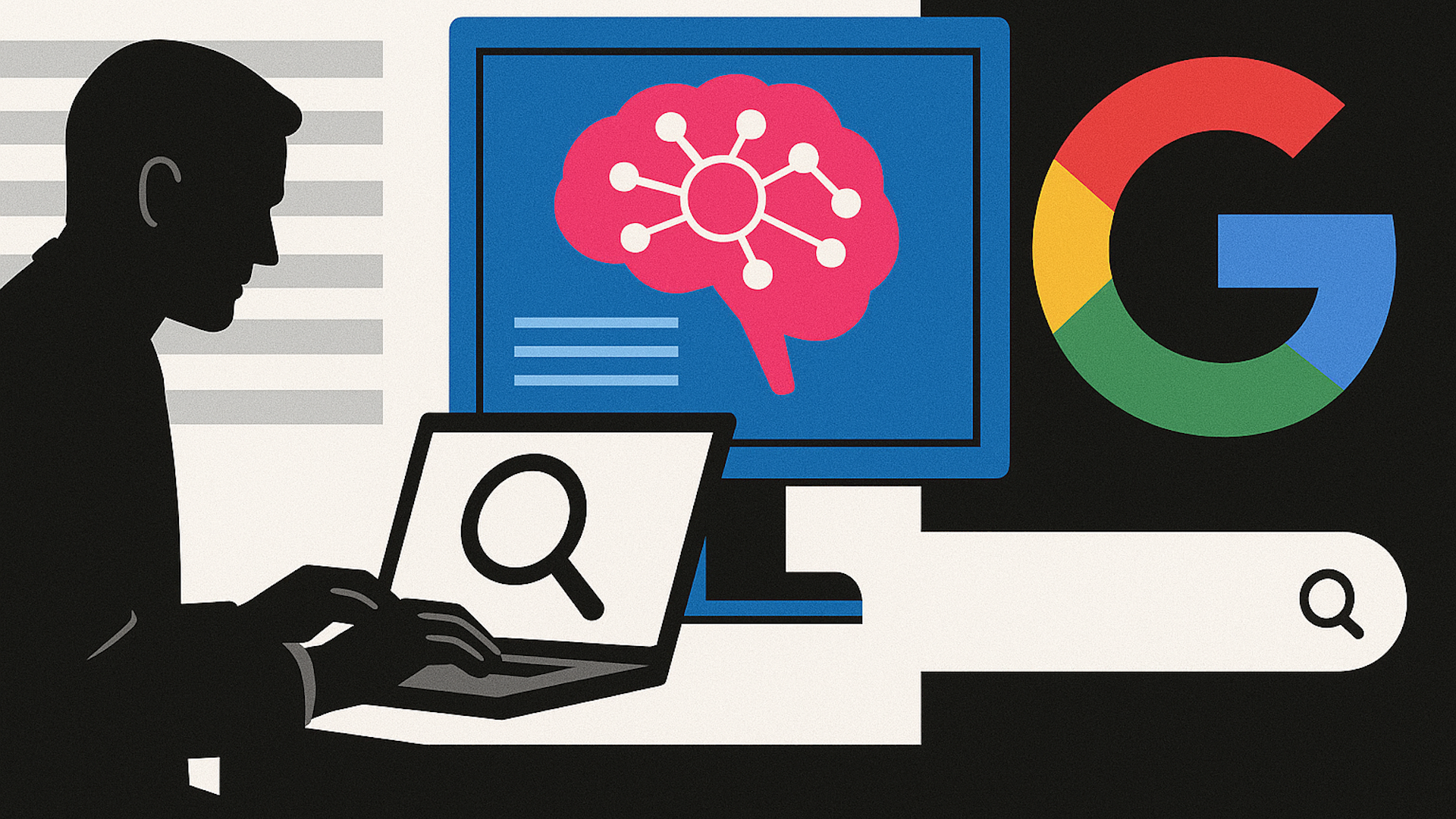 Silhouette of a person using a laptop, with a computer screen displaying a brain diagram and Google logo.